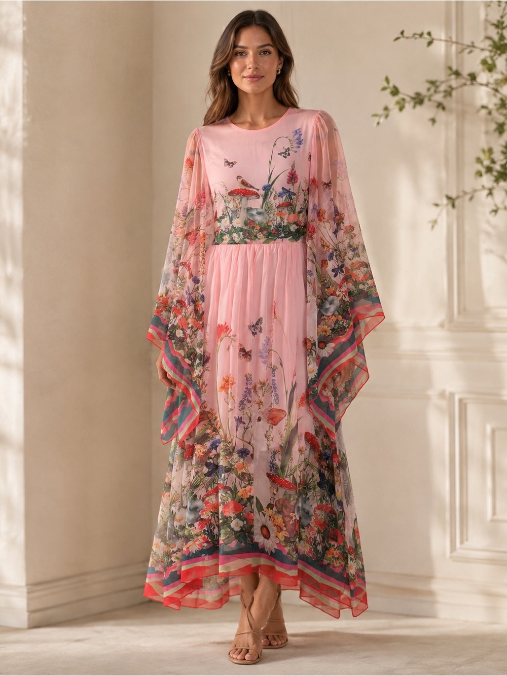 Beulah Pink Floral Maxi Dress with Botanical Print